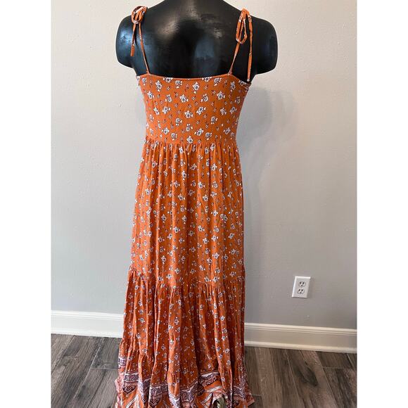 Forever 21 Orange Print Tiered Maxi SunDress Sz Medium Summer vacation coquette - Picture 2 of 4